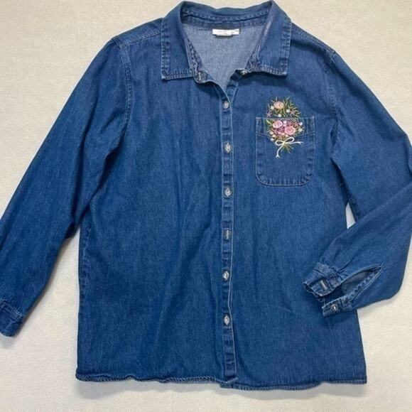 CW Classics Denim Button Down Shirt Floral embroidery Plus size 1X - Picture 2 of 9